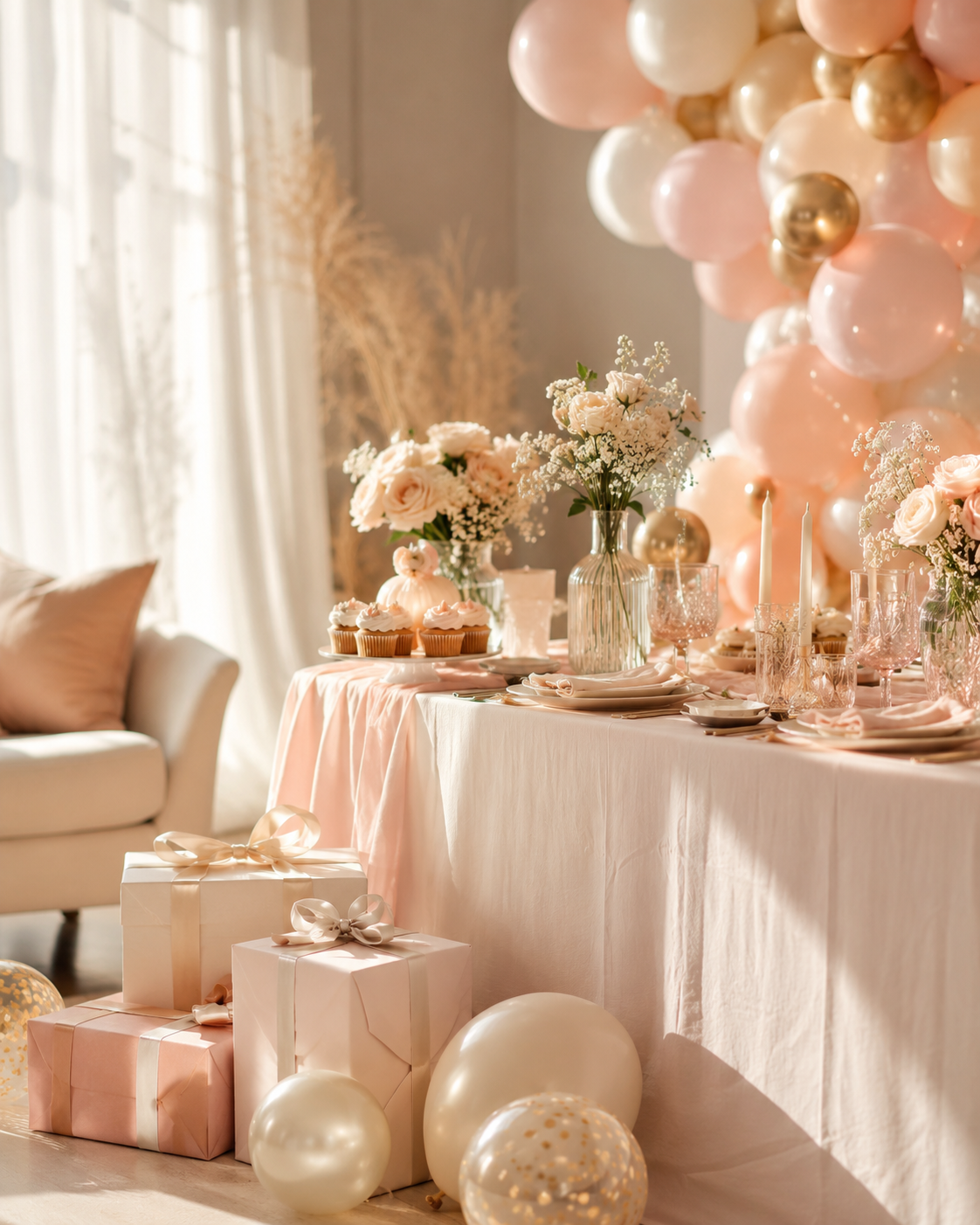 Mesa de cumpleaños con globos, regalos y cupcakes en tonos suaves